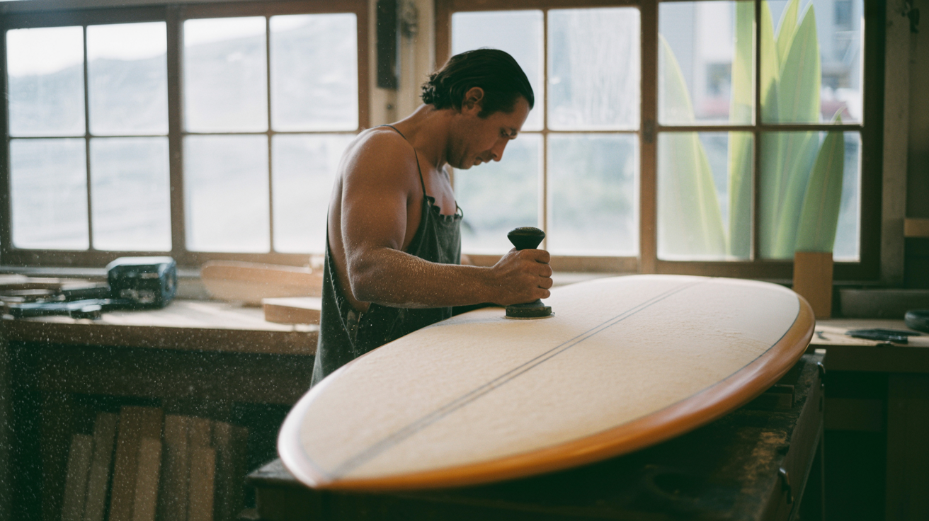 Surfboard shaper hands using planer tool on bone white foam blank in North Shore shaping bay with koa wood work surface and natural window light shot on Hasselblad 500C/M emphasizing precision craftsmanship