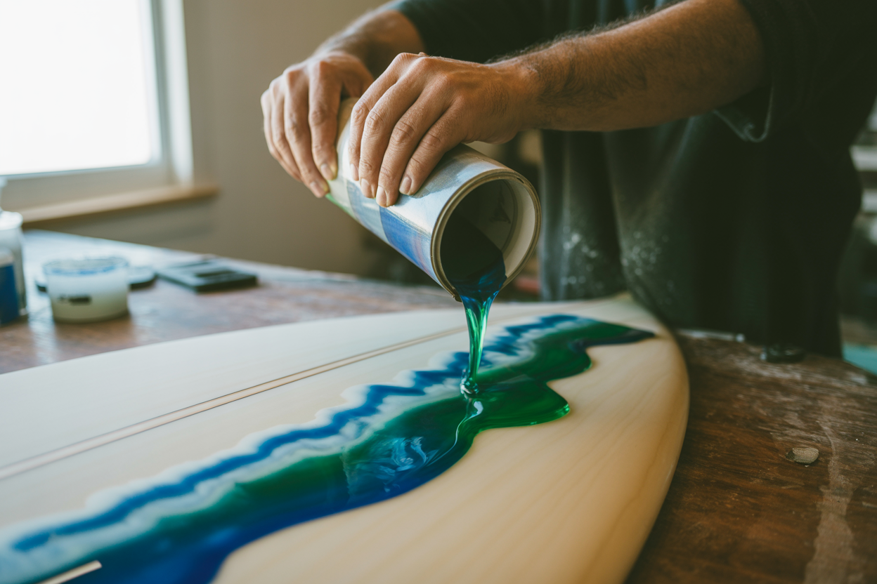 Artist hands pouring colorful resin onto bone white surfboard blank creating ocean wave patterns with deep ocean blue and medicinal green resin colors flowing on koa brown wooden work surface in natural window light