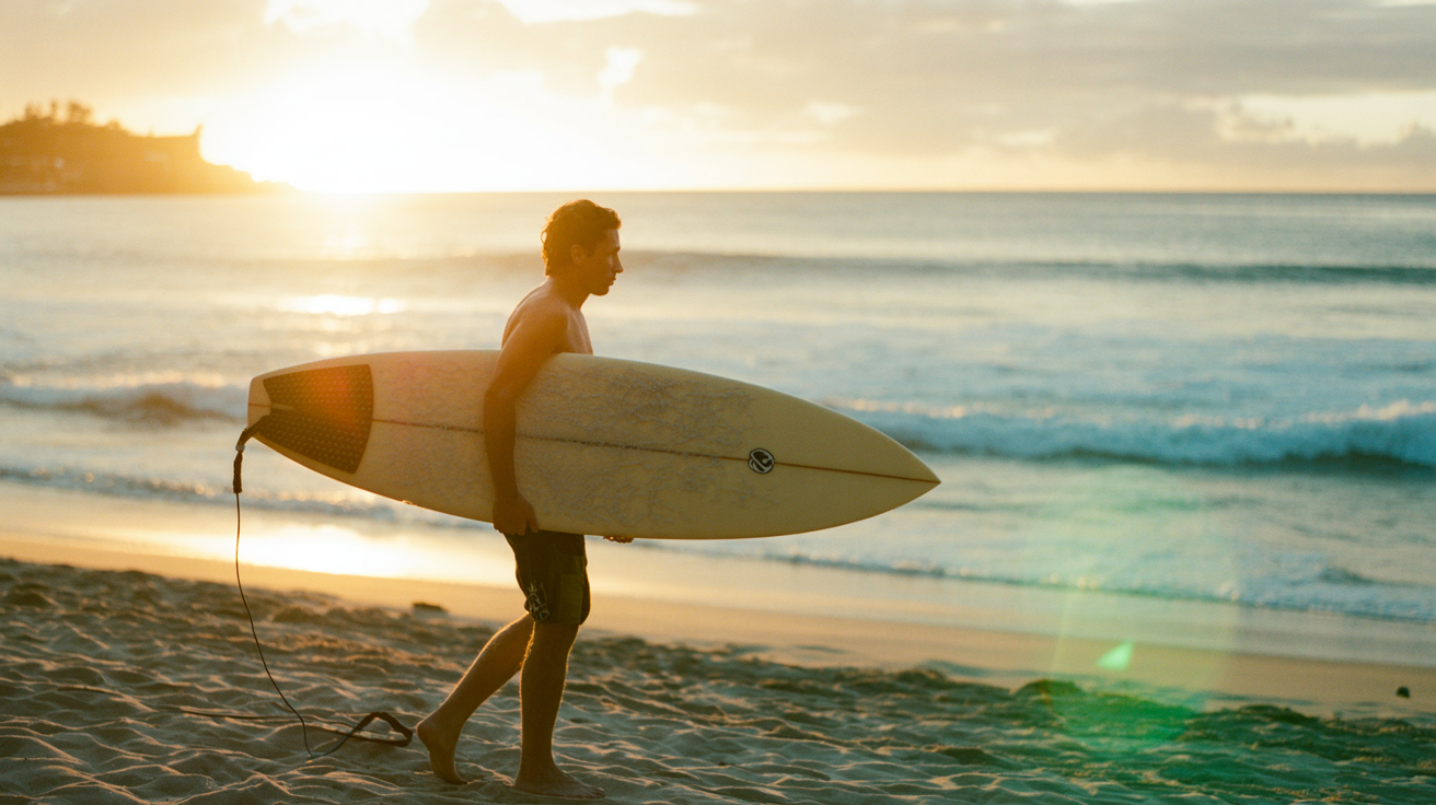 Surfer silhouette at sunrise North Shore Hawaii with warm golden koa light and deep ocean blue water shot on Canon AE-1 with Kodak Portra 400 film emphasizing peaceful dawn patrol atmosphere