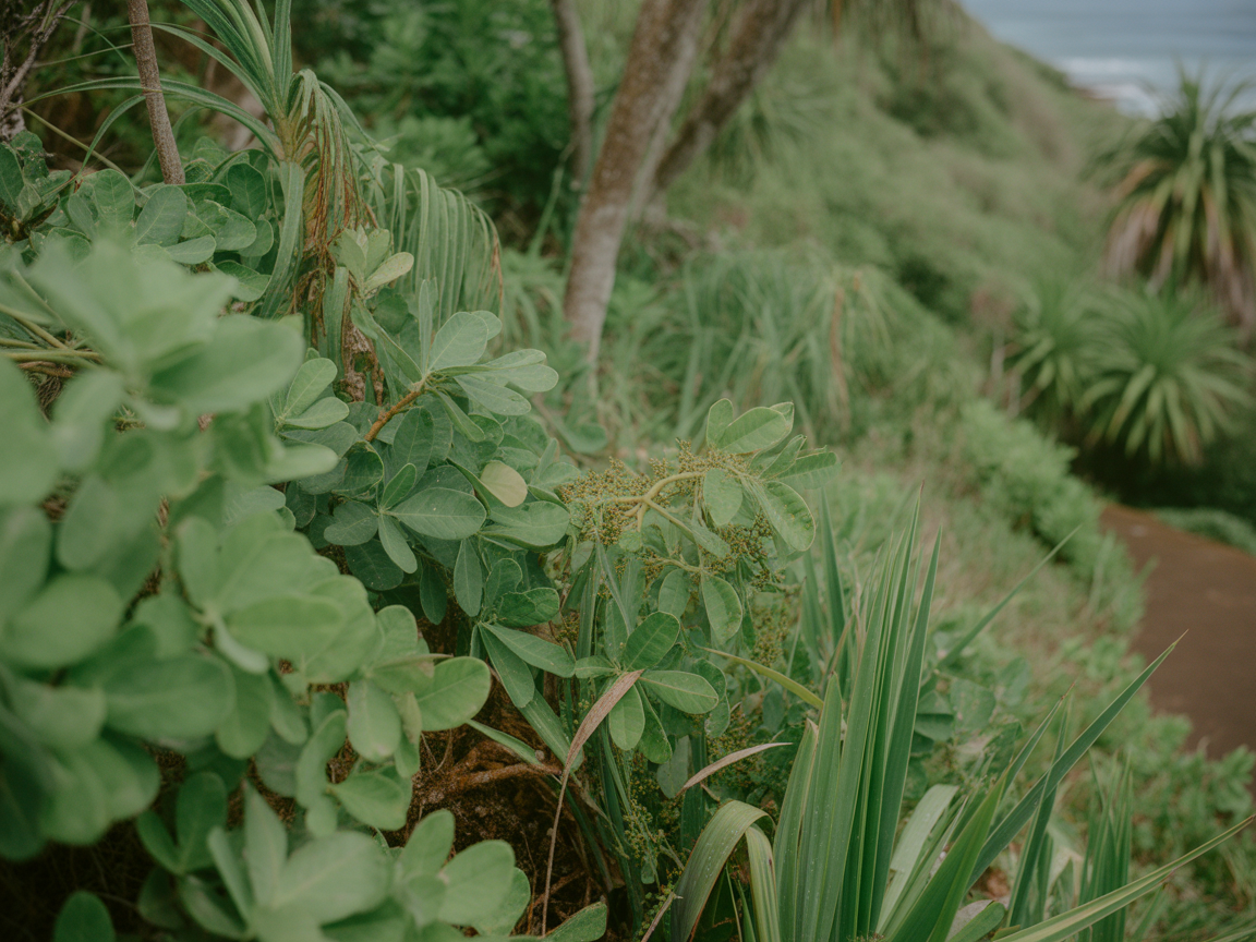 Close-up of tropical plant leaves with water droplets showing native Hawaiian vegetation