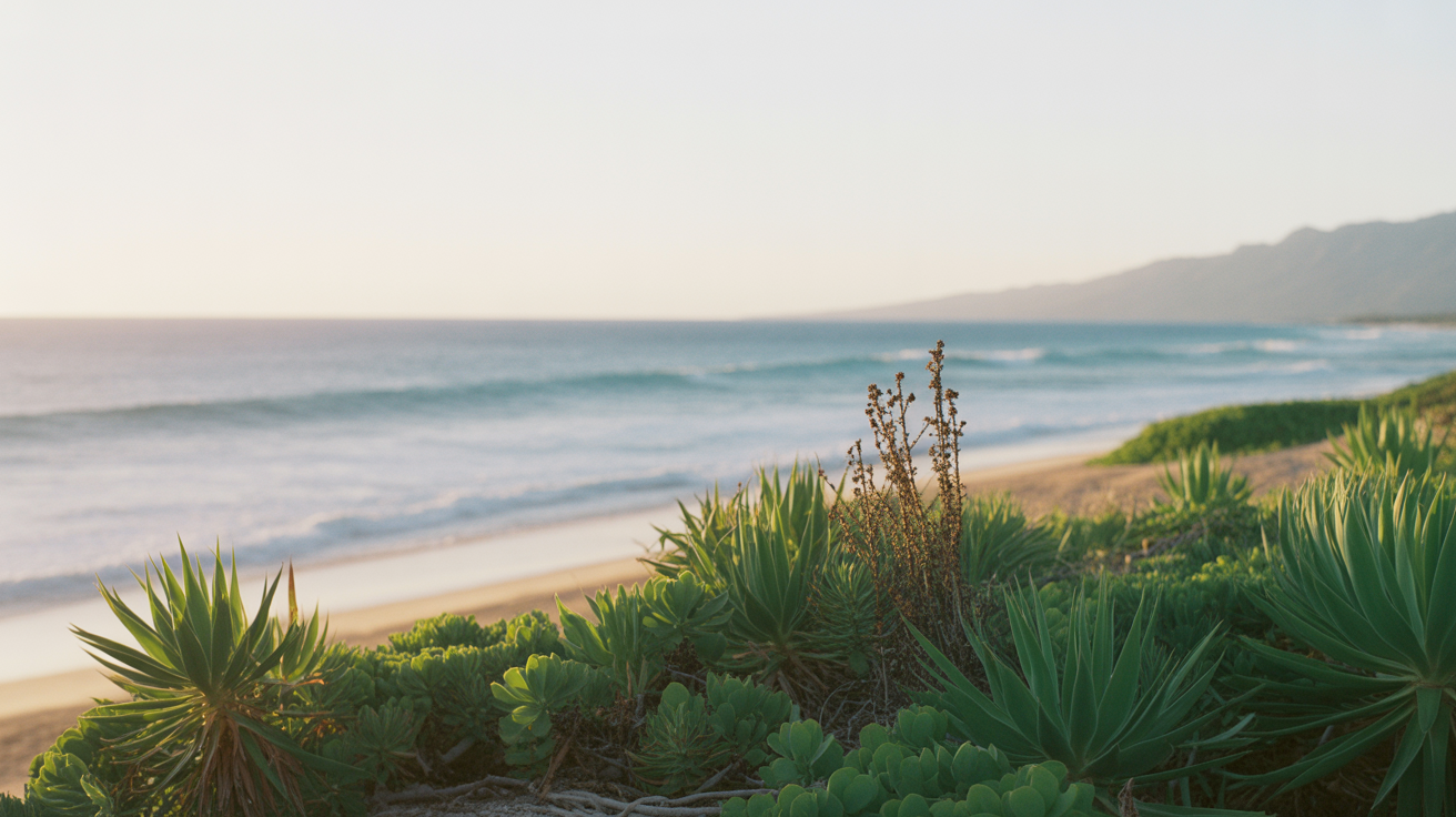 Native Hawaiian coastal plants growing near North Shore beach with ocean in background