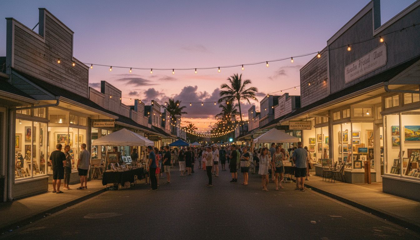 Haleiwa town street scene with art galleries at dusk