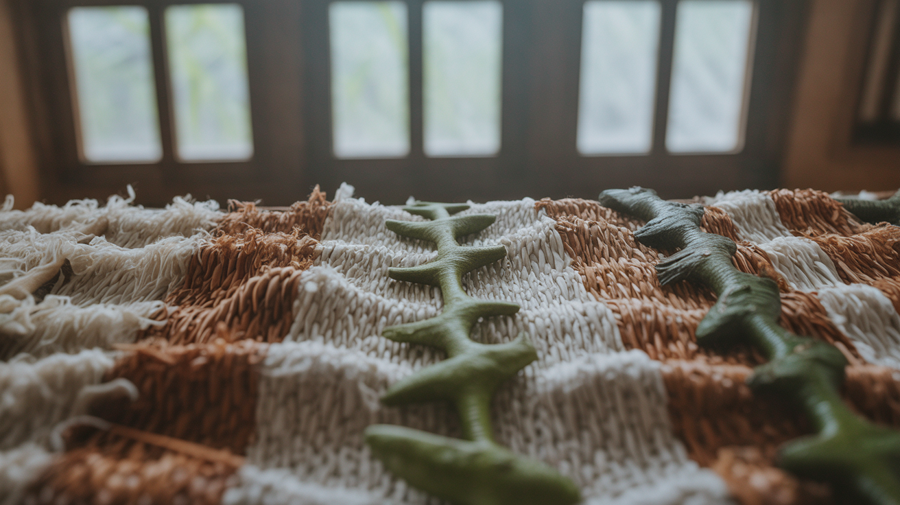 Traditional Hawaiian kapa bark cloth with intricate geometric patterns in natural dyes on bone white wauke fiber shot on Hasselblad 500C/M with Kodak Portra 160 film emphasizing ancient textile art