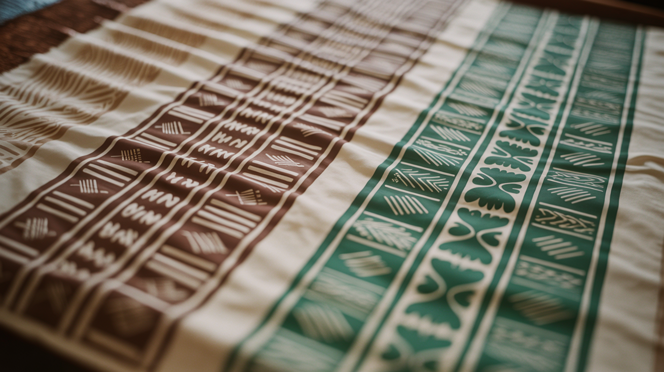 Close-up of traditional Hawaiian kapa cloth geometric patterns showing repeating symbolic watermark and stamped bamboo designs in koa brown and medicinal green on bone white bark cloth