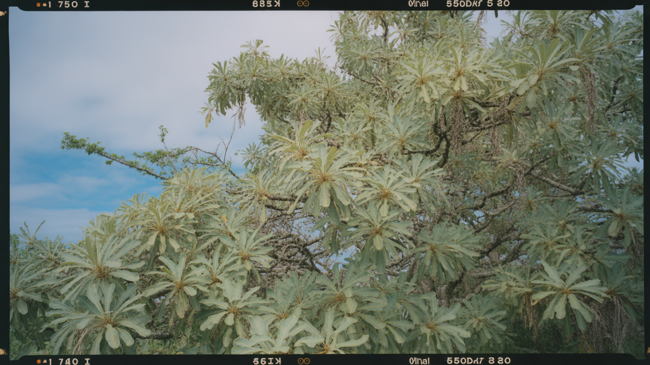 Kukui tree with distinctive silvery-green leaves against blue sky
