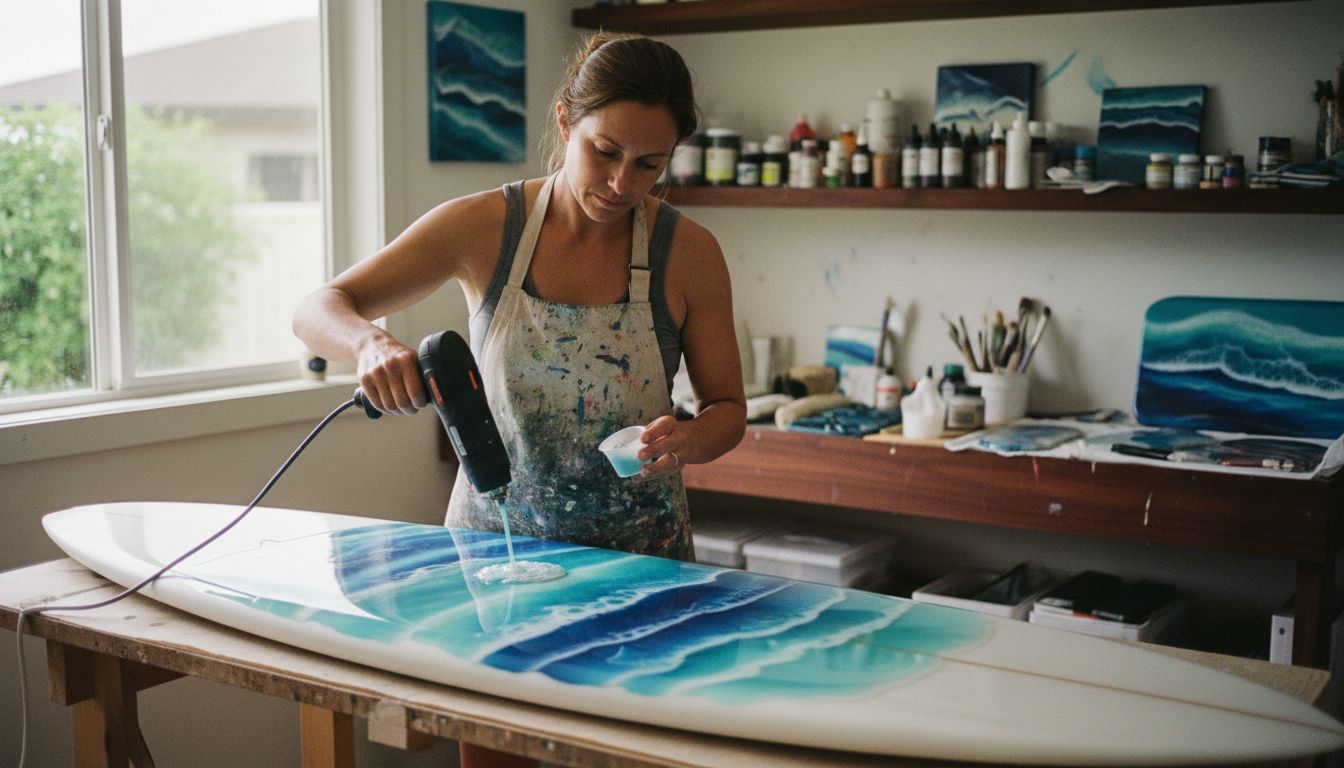 Surfboard artist painting resin art in Hawaii studio