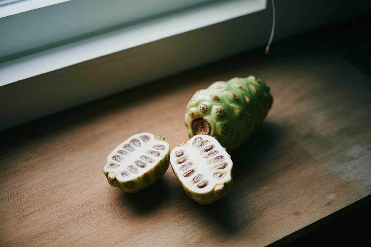 Traditional Hawaiian medicinal noni fruit cut in half showing translucent bone white flesh and seeds on koa brown wooden surface with soft natural lighting