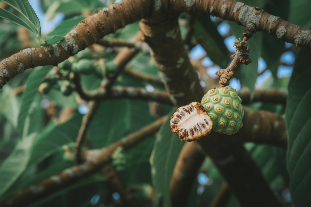 Ripe noni fruit with distinctive warty lumpy texture on tree branch with medicinal green leaves shot on Pentax 67 with Fujifilm Pro 400H film emphasizing traditional Hawaiian healing plant