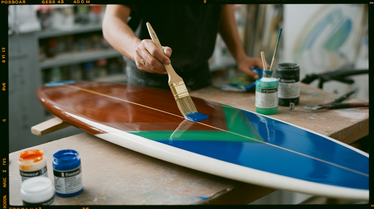 Artist painting resin art on surfboard in North Shore studio