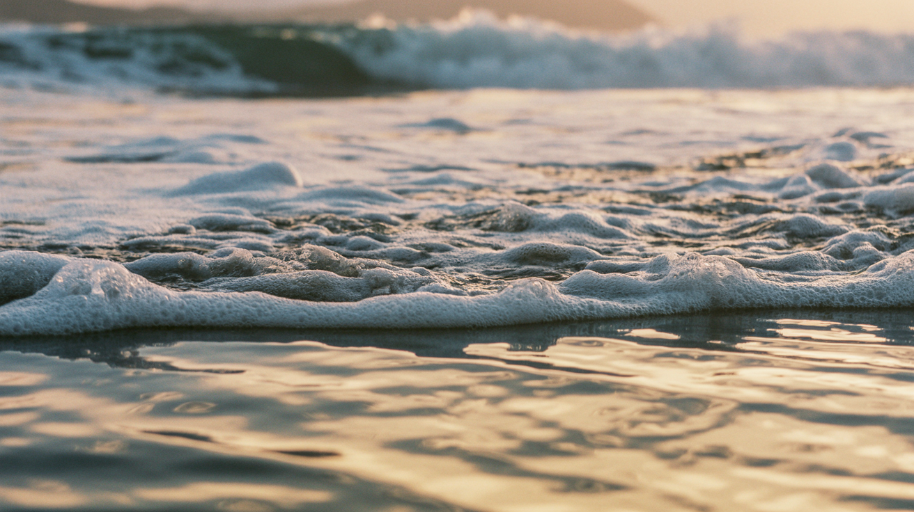 Close-up of calm therapeutic ocean waves at golden hour with soft bone white foam patterns on peaceful deep ocean blue water surface reflecting warm golden koa light emphasizing serene restorative mood for healing through ocean therapy