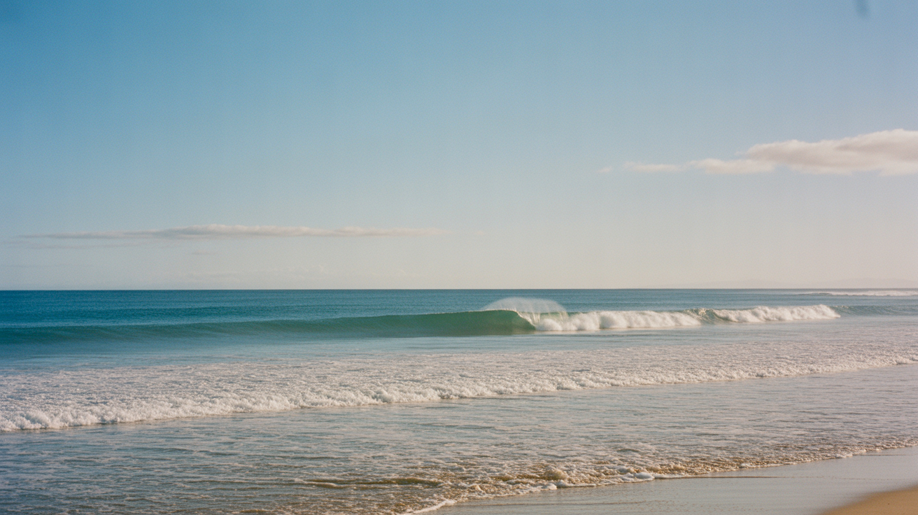 Calm spring surf session on North Shore Hawaii with blue skies