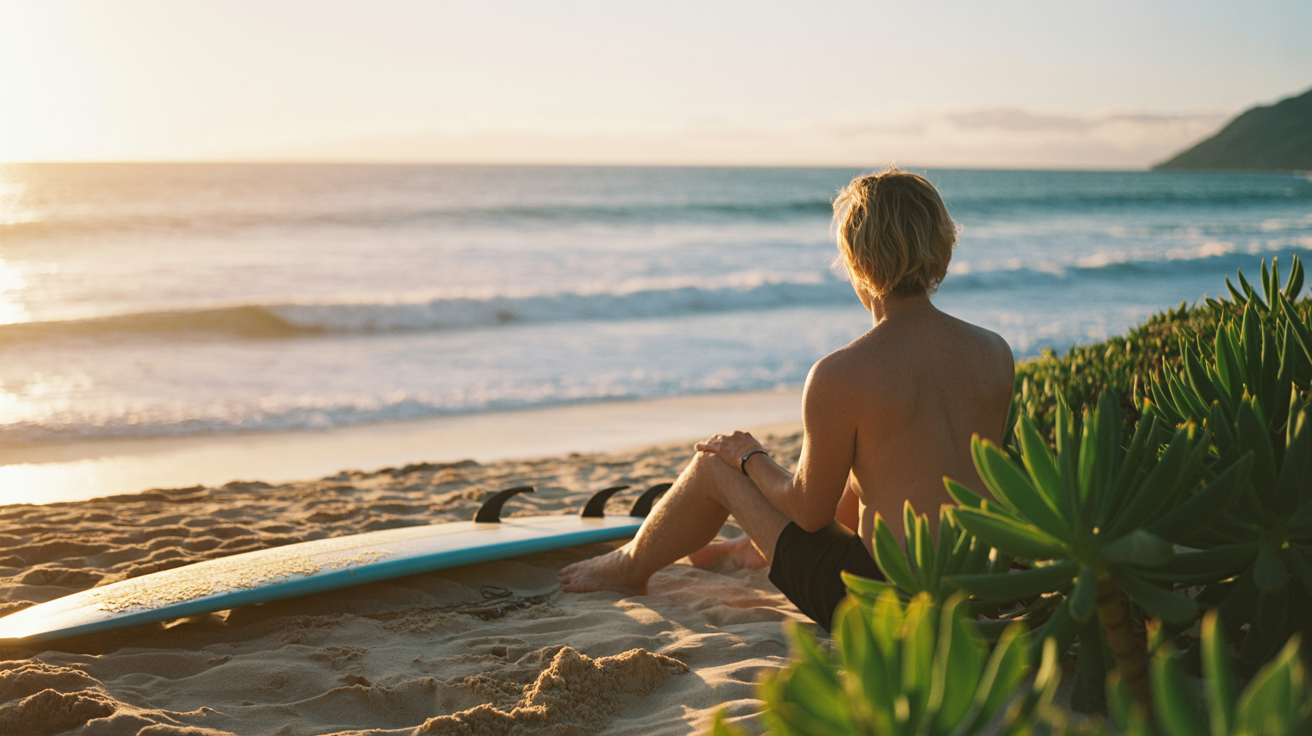 Person sitting peacefully on North Shore beach at golden hour watching waves with surfboard beside them showing contemplative healing moment with bone white sand and golden koa sunset sky