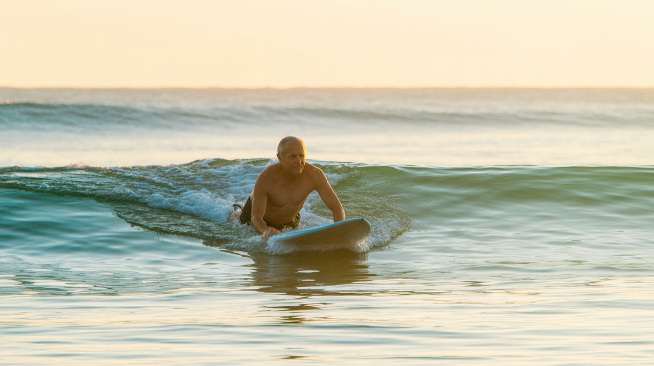 Veteran surfer paddling out at sunrise on North Shore Hawaii