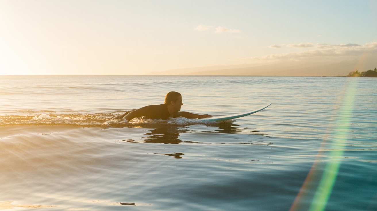 Surfer paddling out at golden hour on calm Hawaiian ocean with peaceful therapeutic atmosphere showing deep ocean blue water with golden koa reflections and bone white foam trails