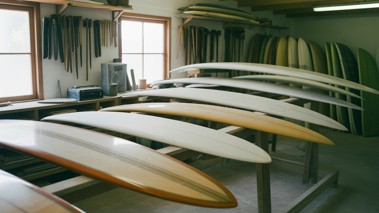 Surfboard shaping bay with custom boards in progress